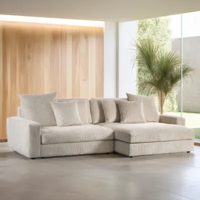 Diepe loungebank in naturel Lincoln-ribstof