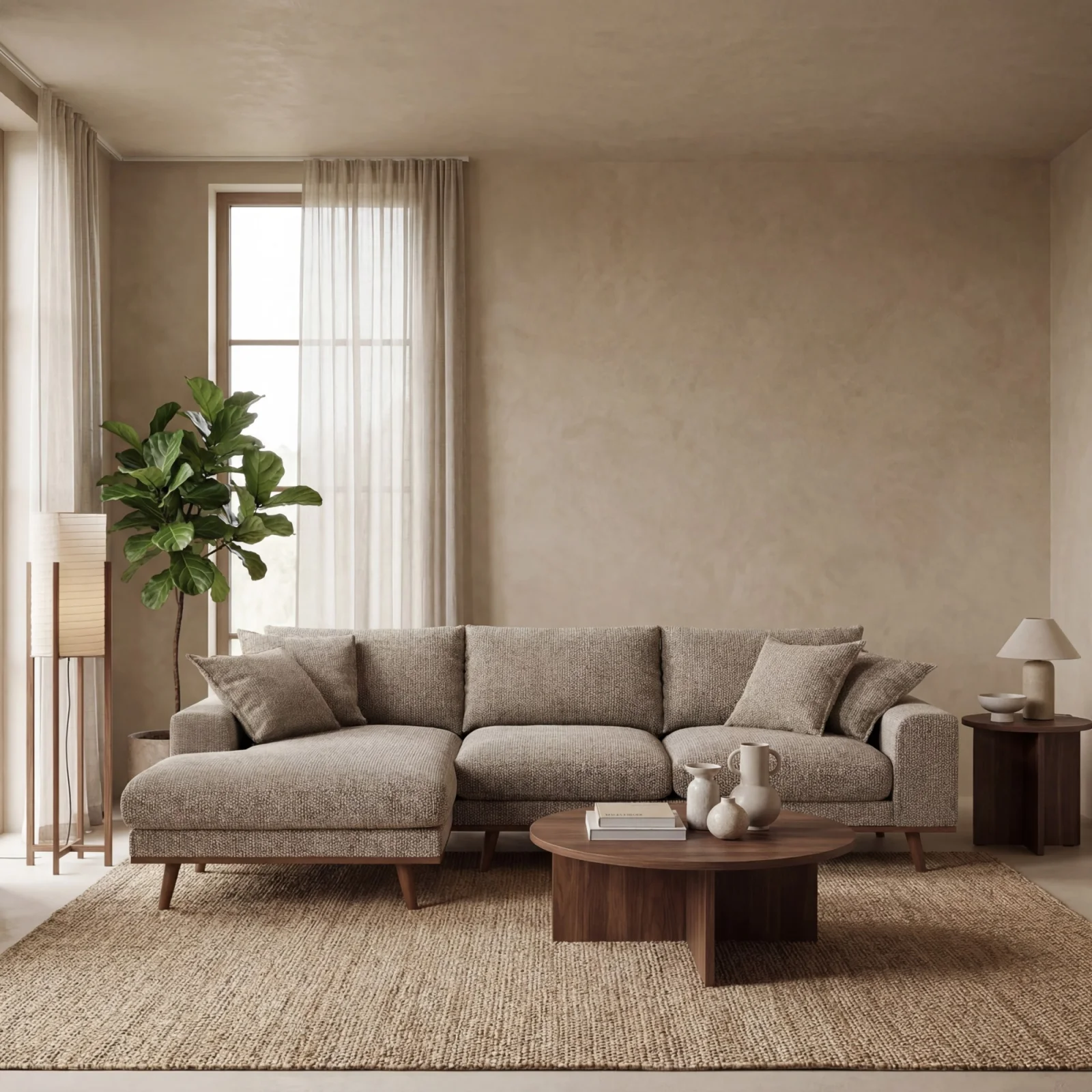 Retro loungebank links in lichtbruine Silencio-stof
