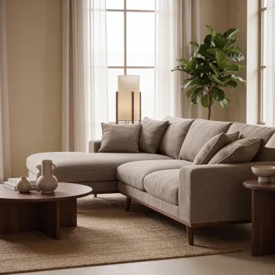 Retro loungebank links in lichtbruine Silencio-stof