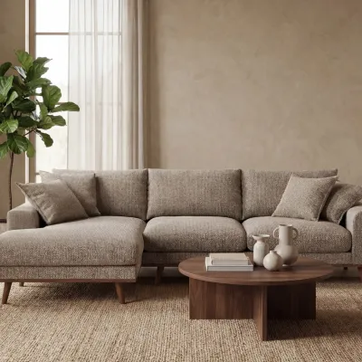 Retro loungebank links in lichtbruine Silencio-stof