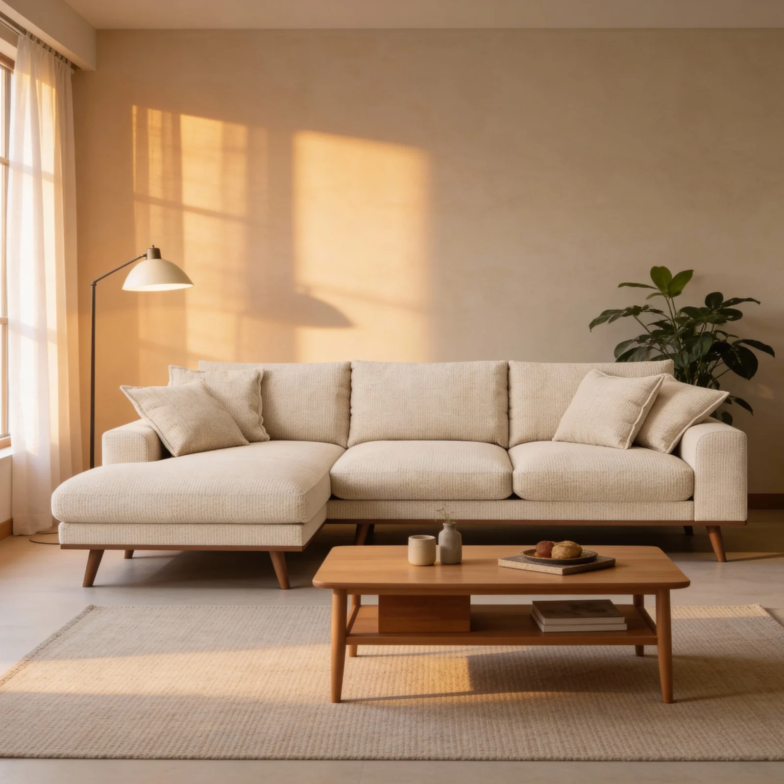 Retro loungebank links in beige Silencio-stof