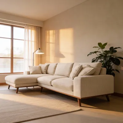 Retro loungebank links in beige Silencio-stof