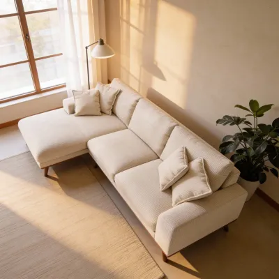 Retro loungebank links in beige Silencio-stof