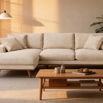 Retro loungebank links in beige Silencio-stof