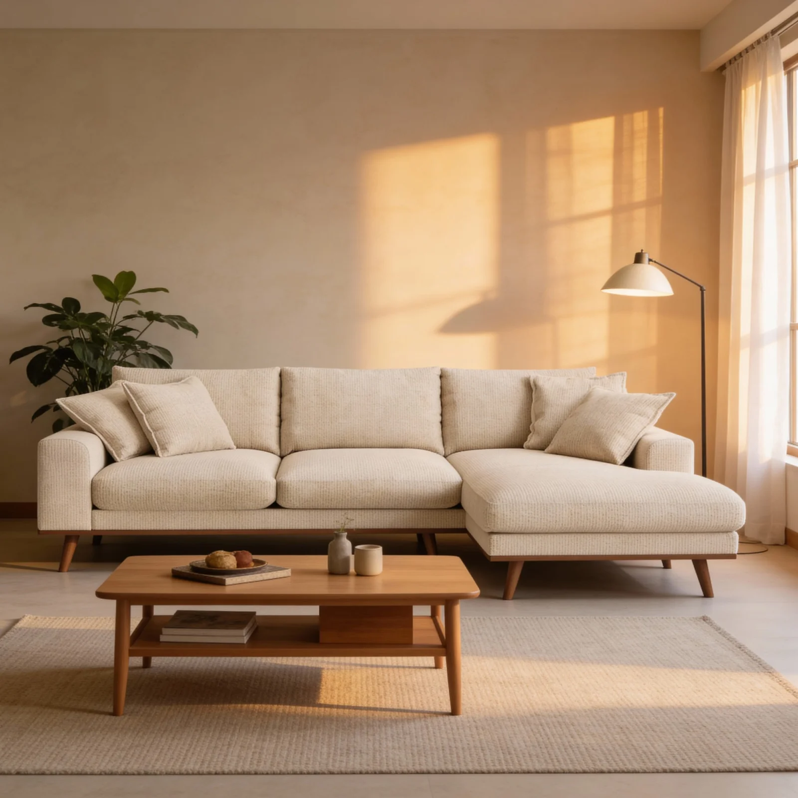 Retro loungebank rechts in beige Silencio-stof