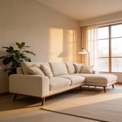 Retro loungebank rechts in beige Silencio-stof