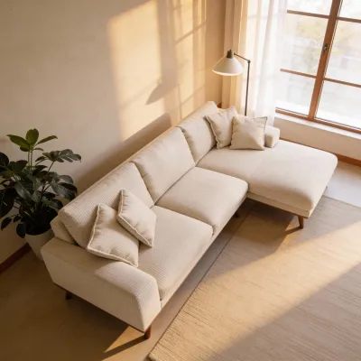 Retro loungebank rechts in beige Silencio-stof