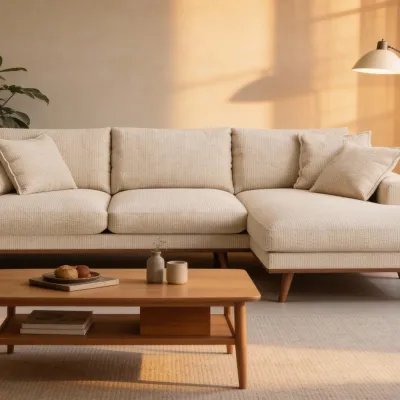 Retro loungebank rechts in beige Silencio-stof