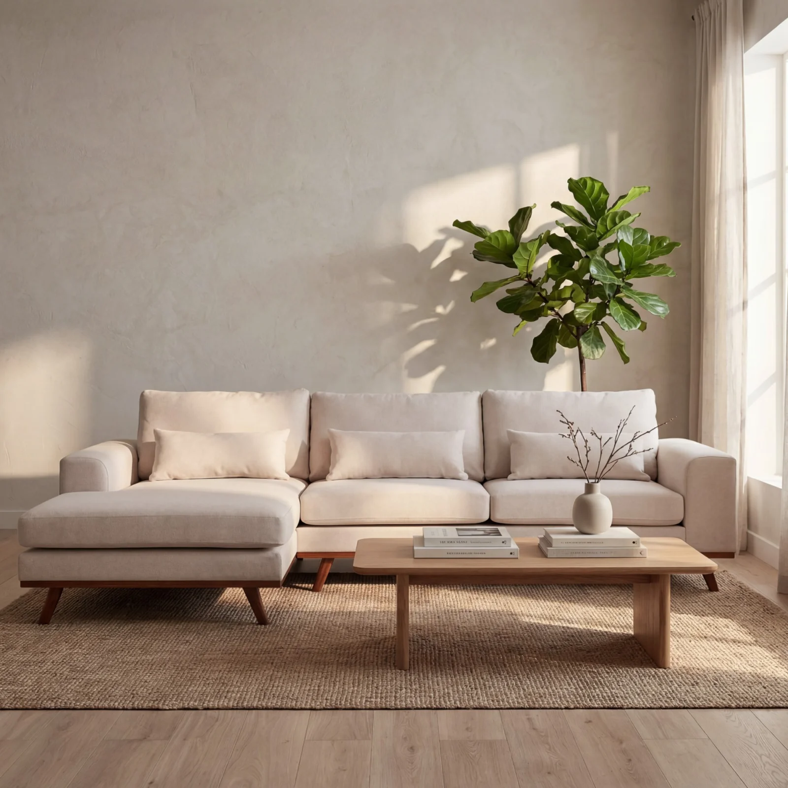 Retro loungebank links in beige Grande-stof