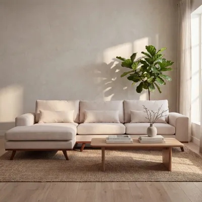 Retro loungebank links in beige Grande-stof