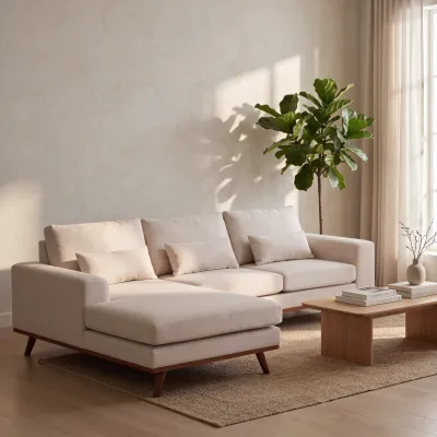 Retro loungebank links in beige Grande-stof