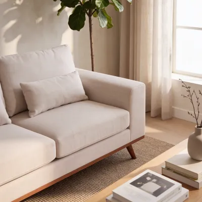 Retro loungebank links in beige Grande-stof