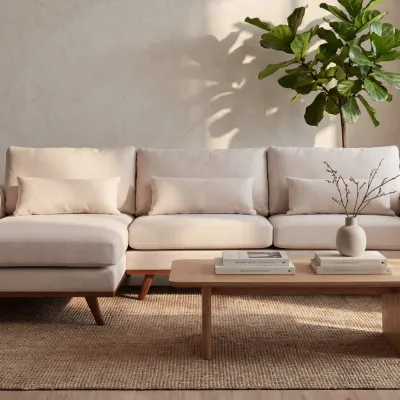 Retro loungebank links in beige Grande-stof