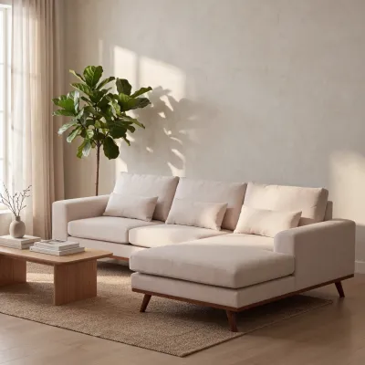 Retro loungebank rechts in beige Grande-stof