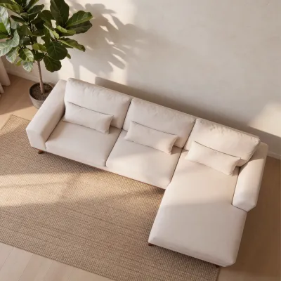 Retro loungebank rechts in beige Grande-stof
