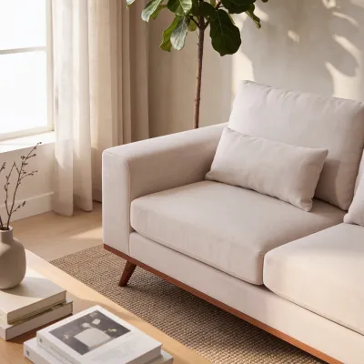 Retro loungebank rechts in beige Grande-stof
