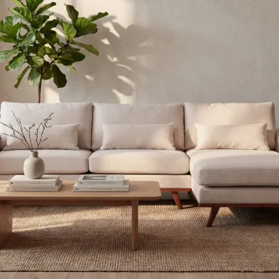 Retro loungebank rechts in beige Grande-stof